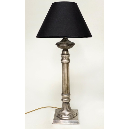 107 - COLUMN LAMPS, two silvered metal fluted column, with stepped base together with a continental decora... 