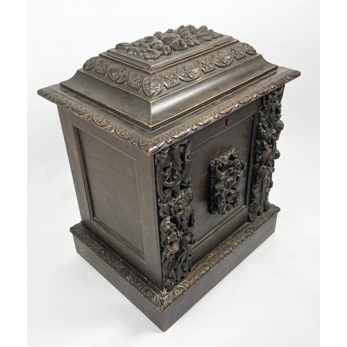 19 - CELLARETTE, late 19th/early 20th century oak, with ornate Carolean carved detail, 51cm W x 41xm D x ... 