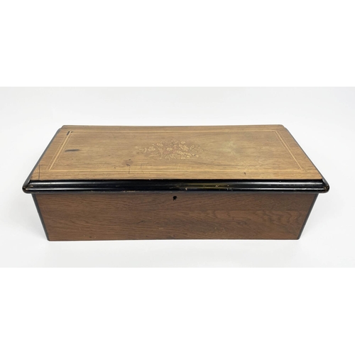 2 - MUSIC BOX, Victorian walnut with marquetry inlay, ten airs with tune card, 54cm L x 24cm W x 15cm H.