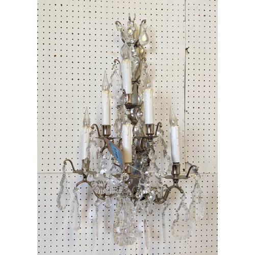 118 - WALL SCONCES, a pair, each approx 65cm H with polished metal frames and cut glass droplets. (2)