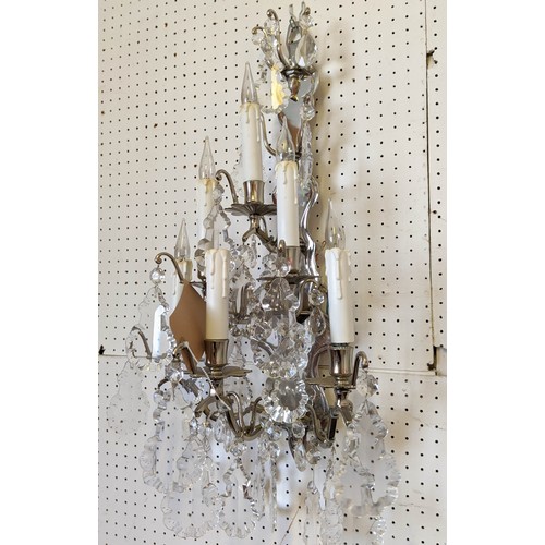 118 - WALL SCONCES, a pair, each approx 65cm H with polished metal frames and cut glass droplets. (2)