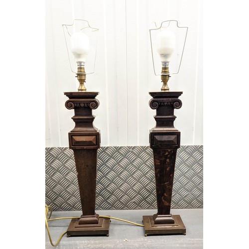 120 - SIDE LAMPS, a pair, carved oak with brass tops bases, each 54cm H. (2)