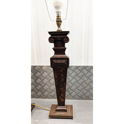 120 - SIDE LAMPS, a pair, carved oak with brass tops bases, each 54cm H. (2)