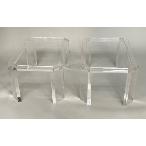 283 - LUCITE LAMP TABLES, a pair, 1970s rectangular with canted corners and glass inserts, 77cm x 53cm x 4... 