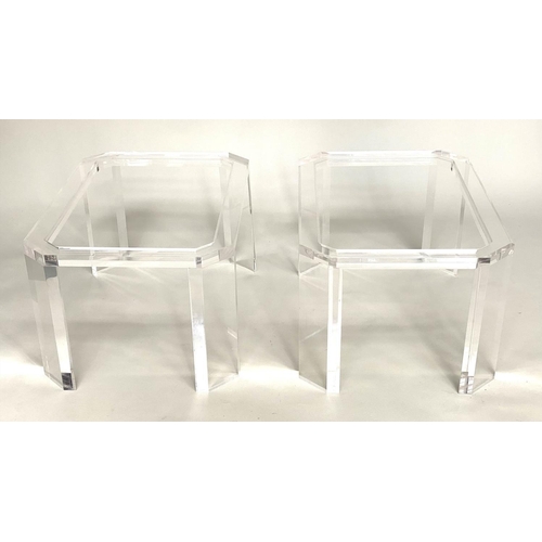 283 - LUCITE LAMP TABLES, a pair, 1970s rectangular with canted corners and glass inserts, 77cm x 53cm x 4... 