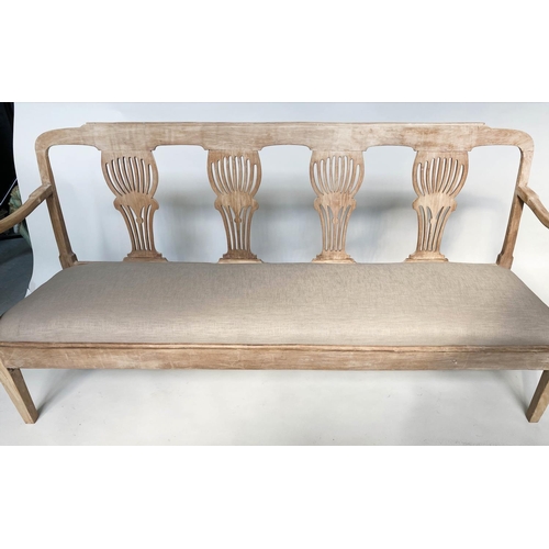 133 - HALL SEAT, 19th century elm with triple pierced splat back, arms and linen upholstered drop in seat,... 