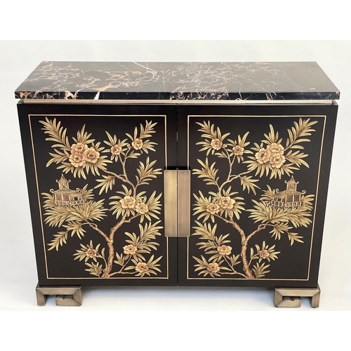 128 - CABINET, lacquered two door with gilt Chinoiserie painted decoration enclosing shelves by 'Restall B... 