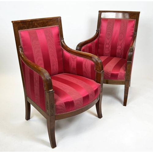 121 - BERGERES, a near pair, each 60cm x 93cm H, Restauration period, circa 1820, in striped red fabric wi... 