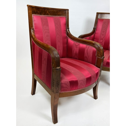 121 - BERGERES, a near pair, each 60cm x 93cm H, Restauration period, circa 1820, in striped red fabric wi... 