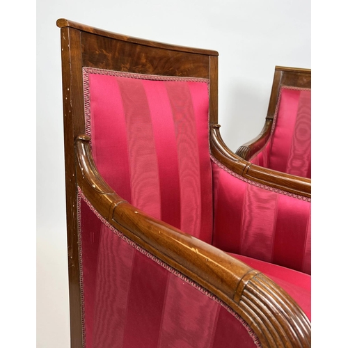 121 - BERGERES, a near pair, each 60cm x 93cm H, Restauration period, circa 1820, in striped red fabric wi... 