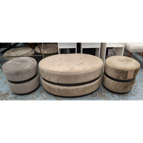 338 - STOOLS, a collection of three, 90cm x 60cm x 45cm at largest, one oval and another circular in match... 