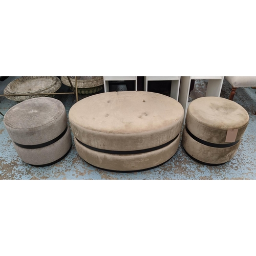 338 - STOOLS, a collection of three, 90cm x 60cm x 45cm at largest, one oval and another circular in match... 