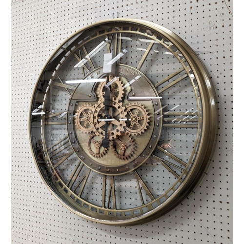 349 - WALL CLOCK, 70cm diam, oversized gear detail, Roman numerals with 'Kensington' written in centre.