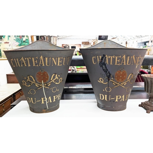 350 - GRAPE HODS, a pair, stamped Chateau Neuf du Pape, aged painted metal, 60cm x 41cm x 62cm. (2)