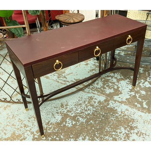 401 - CONSOLE TABLE, contemporary design, three drawers with gilt metal ring handles, 125cm x 45cm x 81cm.