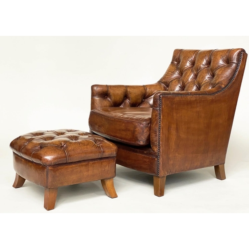 106 - ARMCHAIR AND STOOL, deep buttoned mid brown leather and brass studded upholstered with swept support... 