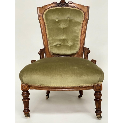 108 - SALON CHAIR, 19th century Scottish Aesthetic carved walnut with buttoned moss green velvet upholster... 