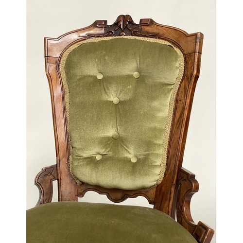 108 - SALON CHAIR, 19th century Scottish Aesthetic carved walnut with buttoned moss green velvet upholster... 