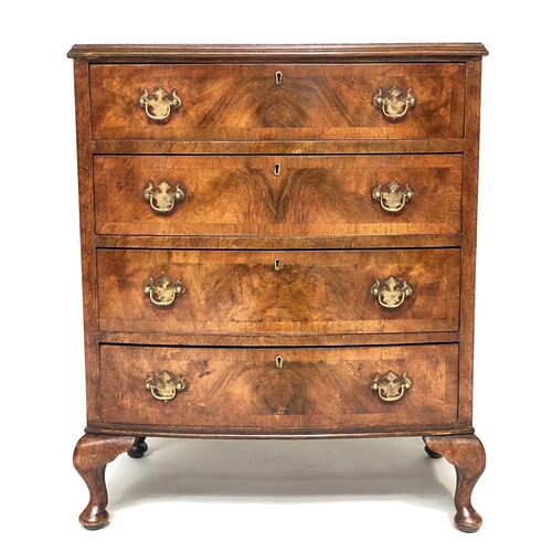 123 - BOWFRONT CHEST, Queen Anne style burr walnut and crossbanded with four long drawers. 62cms Wide, 75c... 