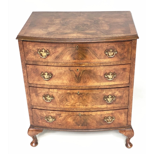 123 - BOWFRONT CHEST, Queen Anne style burr walnut and crossbanded with four long drawers. 62cms Wide, 75c... 