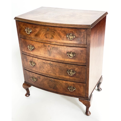 123 - BOWFRONT CHEST, Queen Anne style burr walnut and crossbanded with four long drawers. 62cms Wide, 75c... 