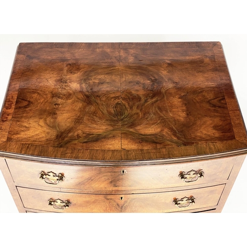 123 - BOWFRONT CHEST, Queen Anne style burr walnut and crossbanded with four long drawers. 62cms Wide, 75c... 