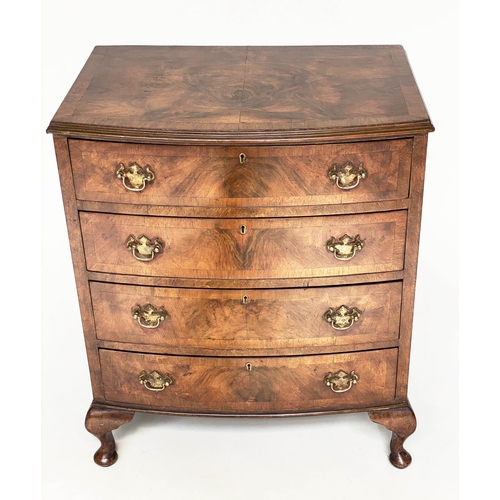 123 - BOWFRONT CHEST, Queen Anne style burr walnut and crossbanded with four long drawers. 62cms Wide, 75c... 