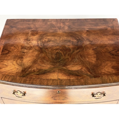 123 - BOWFRONT CHEST, Queen Anne style burr walnut and crossbanded with four long drawers. 62cms Wide, 75c... 