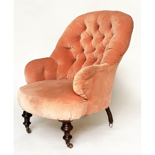 124 - VICTORIAN ARMCHAIR, buttoned apricot velvet upholstery with ebonised polished supports, 72cm W.