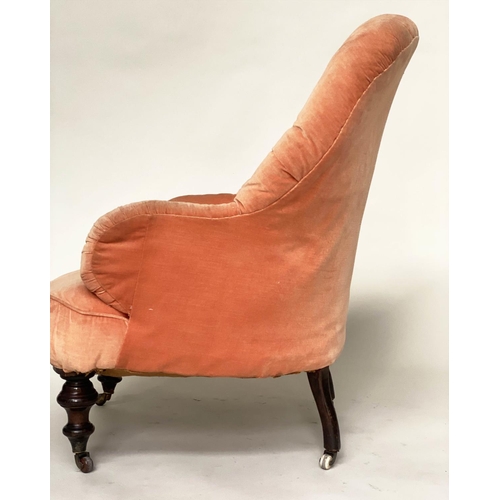 124 - VICTORIAN ARMCHAIR, buttoned apricot velvet upholstery with ebonised polished supports, 72cm W.