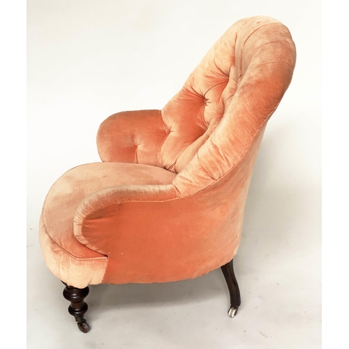 124 - VICTORIAN ARMCHAIR, buttoned apricot velvet upholstery with ebonised polished supports, 72cm W.