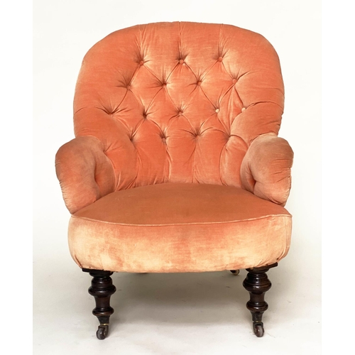 124 - VICTORIAN ARMCHAIR, buttoned apricot velvet upholstery with ebonised polished supports, 72cm W.