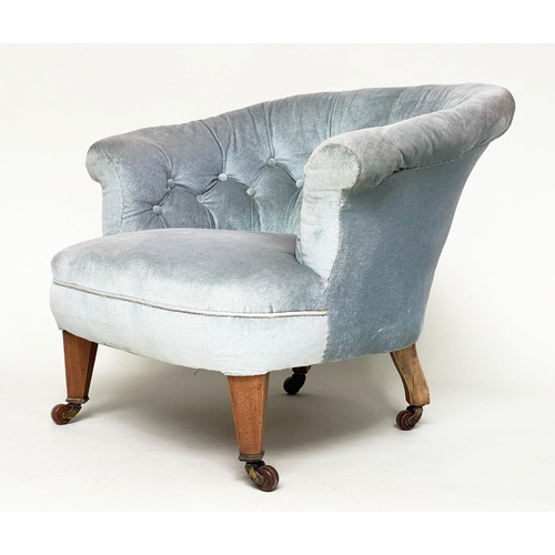 129 - EDWARDIAN TUB CHAIR, early 20th century walnut with pale blue buttoned velvet upholstery with bow ba... 