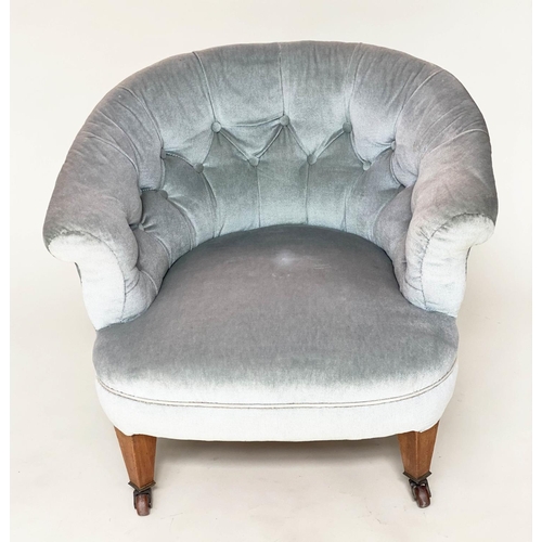 129 - EDWARDIAN TUB CHAIR, early 20th century walnut with pale blue buttoned velvet upholstery with bow ba... 