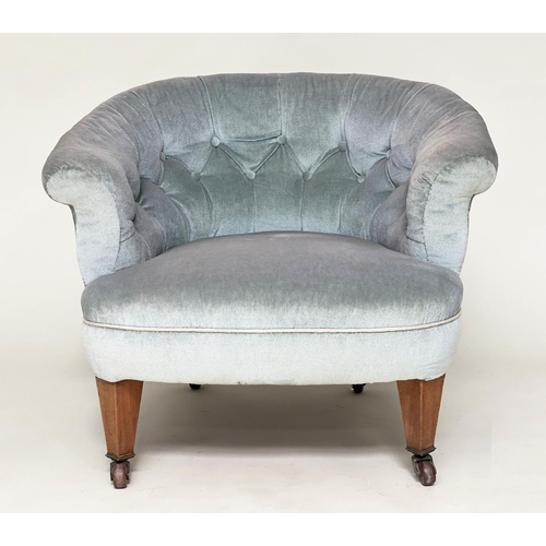 129 - EDWARDIAN TUB CHAIR, early 20th century walnut with pale blue buttoned velvet upholstery with bow ba... 