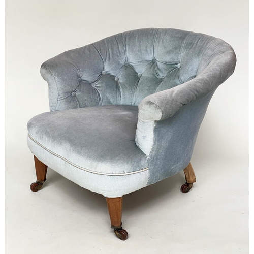 129 - EDWARDIAN TUB CHAIR, early 20th century walnut with pale blue buttoned velvet upholstery with bow ba... 