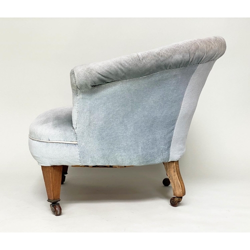 129 - EDWARDIAN TUB CHAIR, early 20th century walnut with pale blue buttoned velvet upholstery with bow ba... 