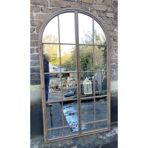 356 - ARCHITECTURAL WALL MIRROR, gated design, oxidised metal frame, 178cm x 80cm.