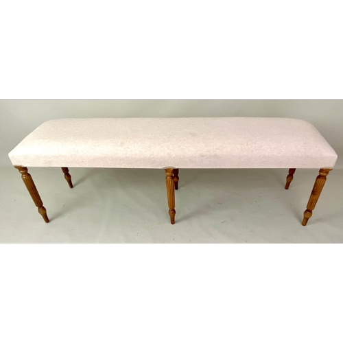 358 - HALL SEAT, 49cm H x 151cm W x 41cm D, neutral linen upholstery, turned tapered supports.