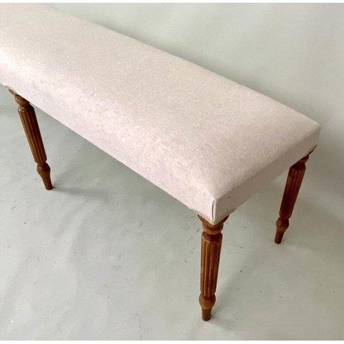 358 - HALL SEAT, 49cm H x 151cm W x 41cm D, neutral linen upholstery, turned tapered supports.