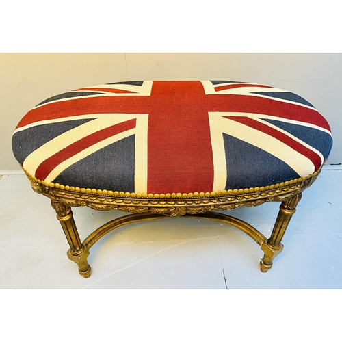 368 - STOOL, 62cm H x 92cm W x 57cm D, in Union Jack upholstery, gilt frame, raised on turned legs.