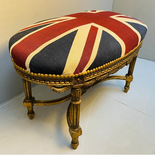 368 - STOOL, 62cm H x 92cm W x 57cm D, in Union Jack upholstery, gilt frame, raised on turned legs.