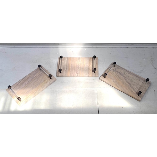 371 - DRINKS TRAYS, 35cm x 22cm, a set of three, stone body with Perspex handles. (3)