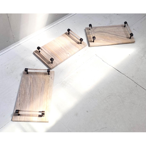 371 - DRINKS TRAYS, 35cm x 22cm, a set of three, stone body with Perspex handles. (3)