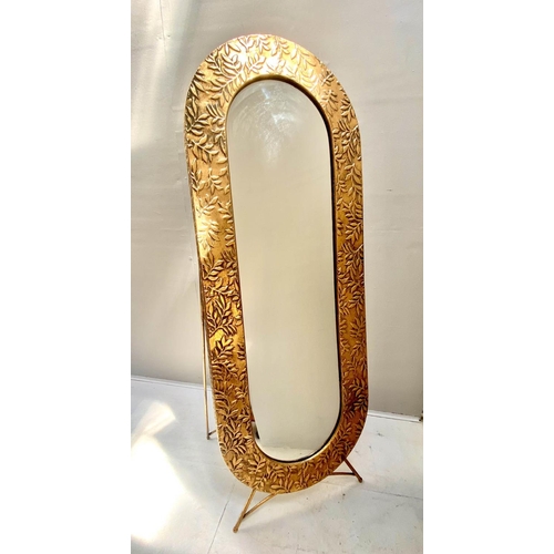 372 - DRESSING MIRROR, 156cm H x 57cm W x 48cm D, free standing, gilt metal foliate embossed surround.