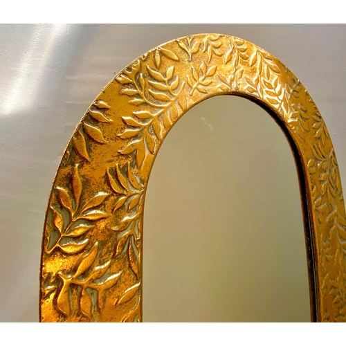 372 - DRESSING MIRROR, 156cm H x 57cm W x 48cm D, free standing, gilt metal foliate embossed surround.