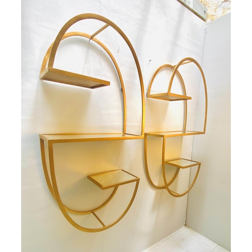 373 - WALL ETAGERES, a pair, 122cm H x 60cm W x 24cm D, mirrored glass shelves, gilt metal frames. (2)