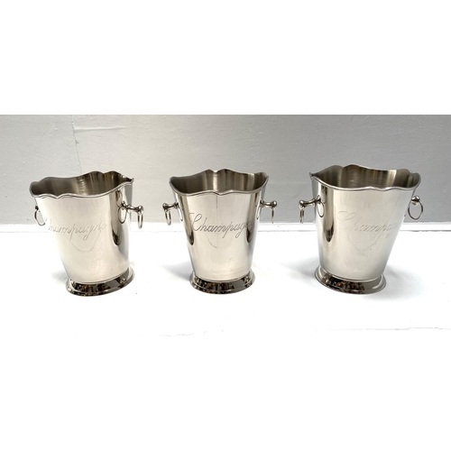 375 - TWIN HANDLED CHAMPAGNE BUCKETS, 23cm high, 22cm wide, 19cm diameter, a set of three, silver plated, ... 