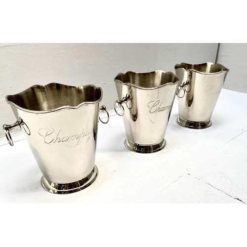 375 - TWIN HANDLED CHAMPAGNE BUCKETS, 23cm high, 22cm wide, 19cm diameter, a set of three, silver plated, ... 