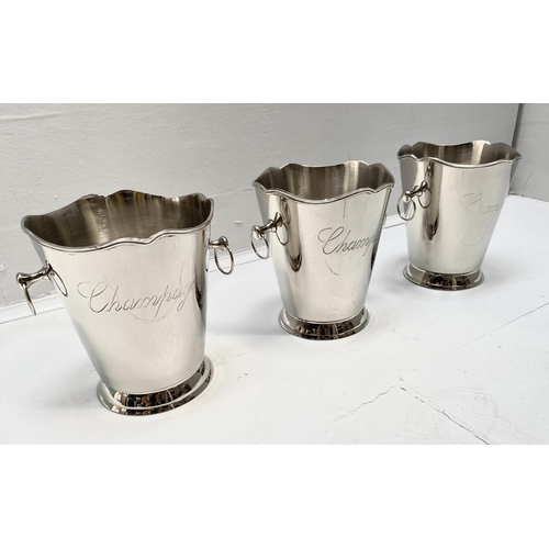 375 - TWIN HANDLED CHAMPAGNE BUCKETS, 23cm high, 22cm wide, 19cm diameter, a set of three, silver plated, ... 